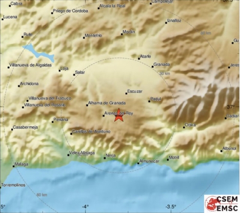 Skalvet hade sitt centrum i sydöstra Granadaprovinsen. Karta: EMSC