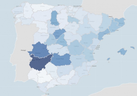 Smittfrekvensen i Spanien är nu uppe i 435,62 fall per 100.000 invånare, med upp till 700 fall delar av Extremadura och Balearerna. Karta: Ministerio de Sanidad