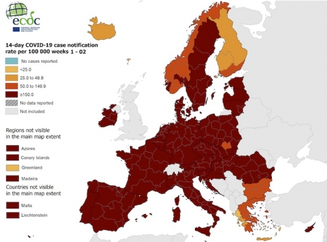 EU kommer införa en ny mörkröd zon för områden med en smittfrekvens över 500 och avser att begränsa resor till och från dessa områden till ett minimum. Foto: Europeiska smittskyddsmyndigheten