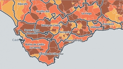 Kommuner i brunt på kartan befinner sig i lockdown, medan de i orange är i perimeterkarantän. Källa: Junta de Andalucïa