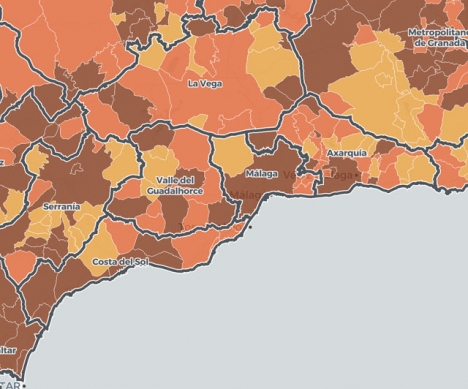 Flera kustkommuner, som Málaga stad, tvingas behålla nuvarande restriktioner trots att de lyckats pressa ned smittfrekvensen under gällande gränser. Karta: Junta de Andalucía