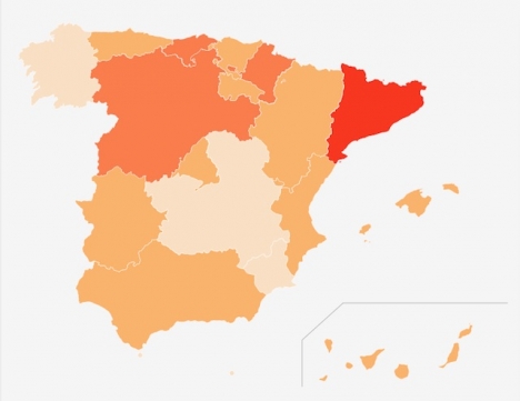 Värst är situationen i Katalonien, med en smittfrekvens på 1.014 fall. Karta: RTVE