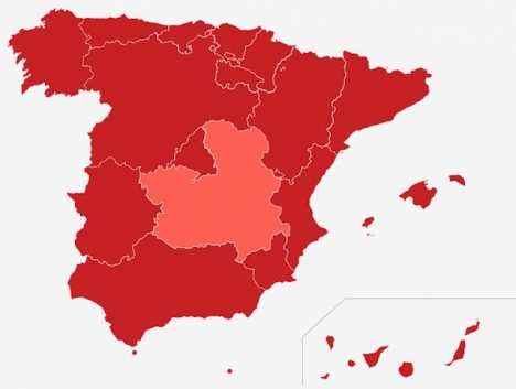 Med en frekvens på 429 fall är Castilla-La Mancha nu den enda autonoma regionen i hela Spanien som inte befinner sig i extrem smittrisk. Karta: RTVE