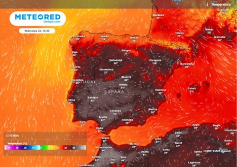 Väderprognosen för Spanien denna vecka låter som en receptbok, med termer som både ”ugn” och ”stekpanna”. Karta: Meteored