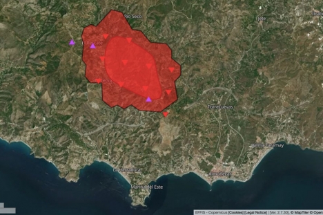 Naturbranden i Almuñécar har skördat uppemot 800 hektar mark. Karta: Copernicus