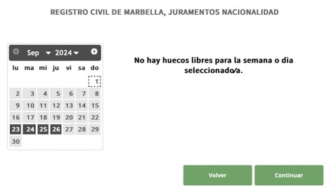 För hela september har det endast släppts lediga tider hos Registro Civil i Marbella för medborgarskapsärenden fyra dagar, det vill säga 36 tider totalt. 