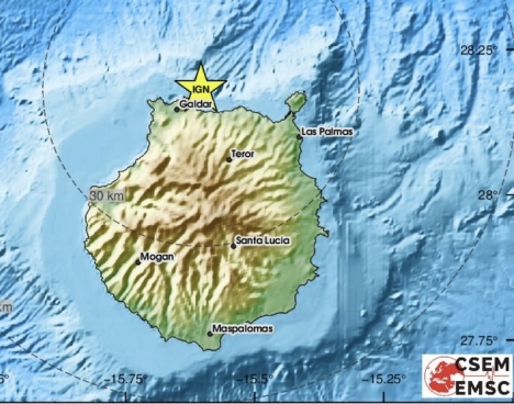 Markrörelsen inträffade på 19 kilometers djup i jordskorpan, endast tre kilometer från Gran Canarias norra kust. Karta: EMSC