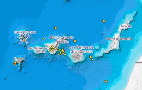 Trots de många skalven på kort tid intygar experter att Kanarieöarna inte har några stora tektoniska plattor som kan ge upphov till kraftiga jordbävningar. Karta: IGN