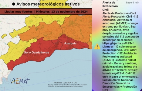 Kort efter att Aemet på tisdagskvällen höjt varslet om extrem nederbörd till röd nivå skickades ett SMS-larm ut till alla mobiler i riskområdena, på både spanska och engelska.