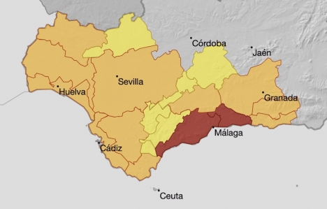 Fram till klockan åtta på torsdagsmorgonen är det fortsatt röd varning på Costa del Sol. Karta: Aemet