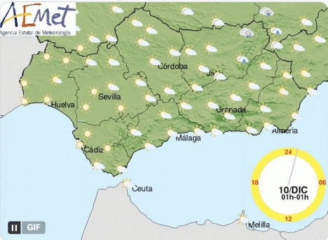 De lägsta temperaturerna väntas tisdag den 10 december. Karta: Aemet