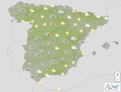 Temperaturen väntas falla i stora delar av Spanien och följas av hård blåst samt nederbörd, främst i norr och på Balearerna. Karta: Aemet