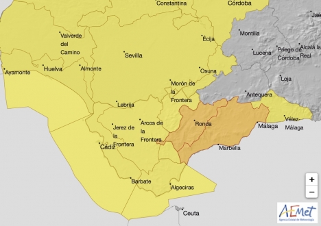 Mellersta och västra delen av Málagaprovinsen kommer att vara i orange varning för kraftig nederbörd från klockan 18.00 på måndagskvällen. Karta: Aemet