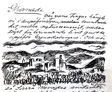 Kapitlet om Granada är det sista i Sigge Jernmarks resebok och beskriver hur han och Ninni Billing anländer till staden och hur Ninni insjuknar dagen efter att de besökt Gösta Sandels grav.