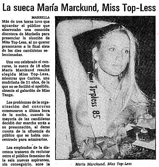 Málagafotografen Rafa Díaz´ fotografi på Maria Marklund har förvandlats till en symbol för turismens utveckling och kvinnlig frigörelse i Spanien och är lika aktuellt idag, mer än två decennier senare. Klippet är från tidningen Diario Sur, dagen efter tävlingen.